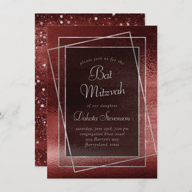 Glitzy Foil | Henna Crimson Red Bar or Bat Mitzvah Invitation (Front/Back)