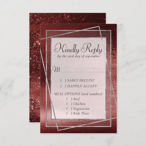 Glitzy Foil  Henna Crimson Red Faux Sparkle Meal RSVP Card