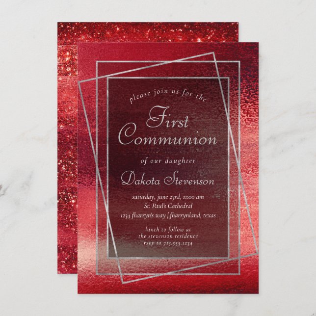 Glitzy Foil | Henna Crimson Red First Communion Invitation (Front/Back)