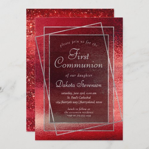 Glitzy Foil  Henna Crimson Red First Communion Invitation