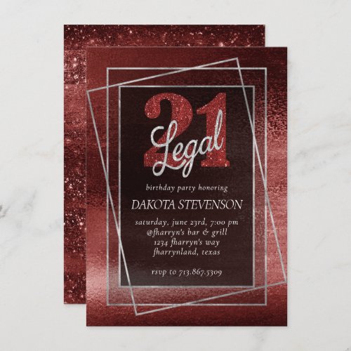 Glitzy Foil  Henna Crimson Red Glam 21 and Legal Invitation