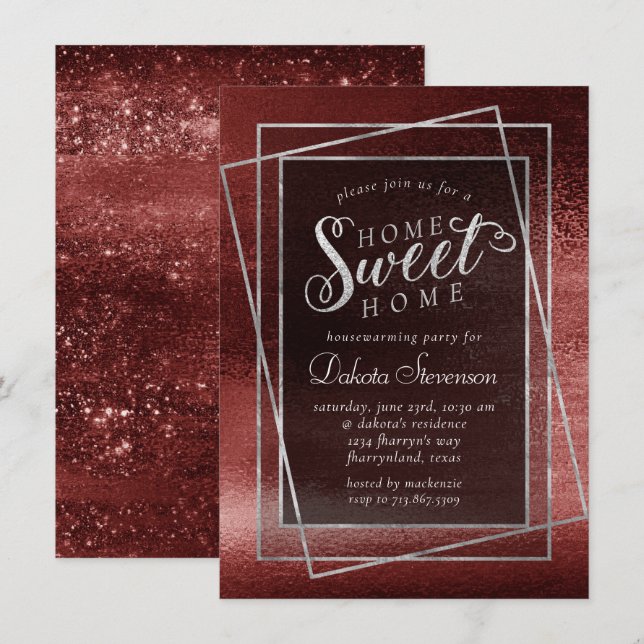 Glitzy Foil | Henna Crimson Red Glam Housewarming Invitation (Front/Back)