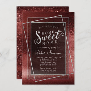 Glitzy Foil Henna Crimson Red Glam Housewarming Invitation