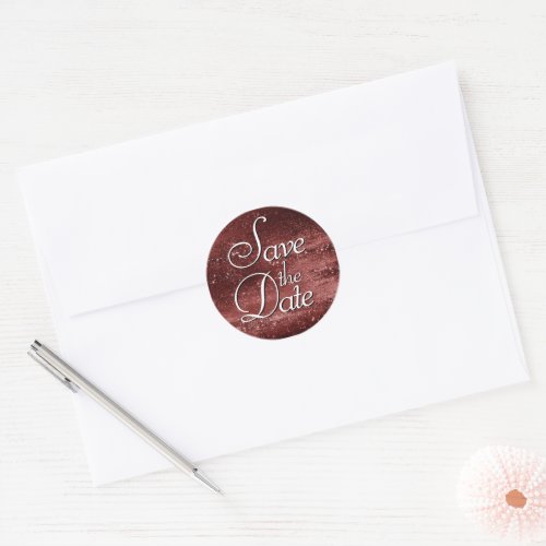 Glitzy Foil  Henna Crimson Red Glam Save the Date Classic Round Sticker