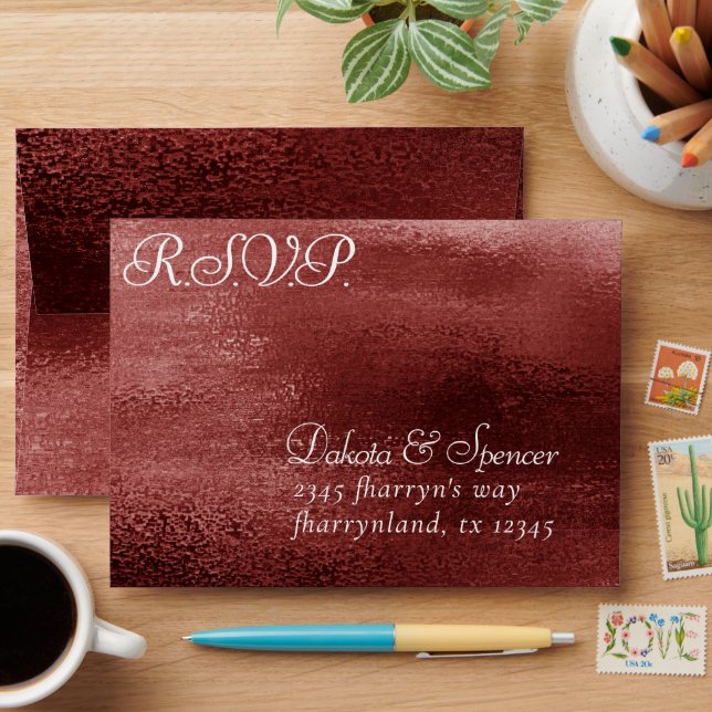 Glitzy Foil | Henna Crimson Red Pre Addressed RSVP Envelope (Desk)