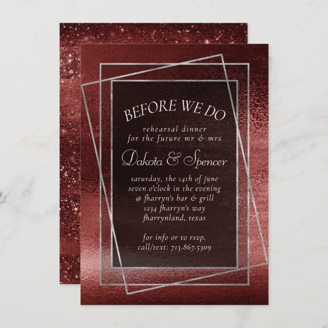 Glitzy Foil | Henna Crimson Red Rehearsal Dinner Invitation (Front/Back)