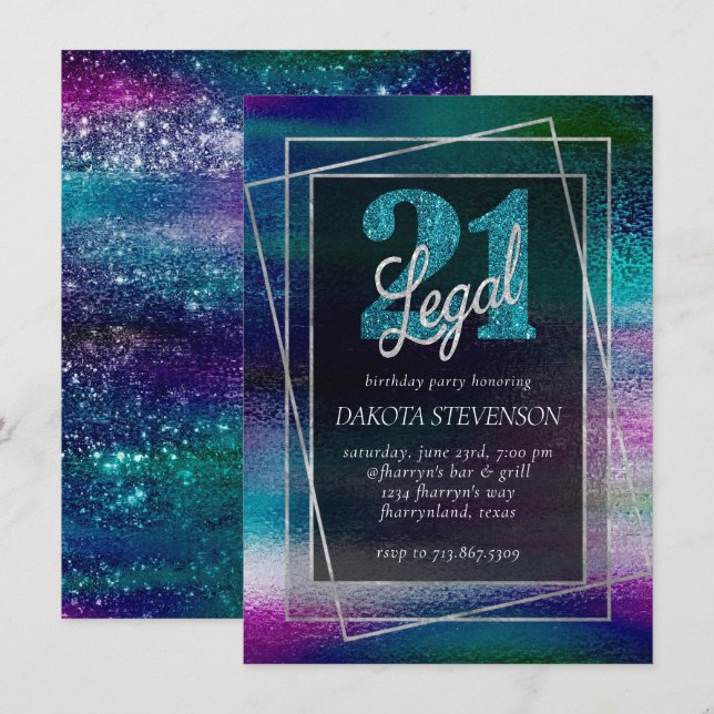 Glitzy Foil | Holographic Dark Ombre 21 and Legal Invitation (Front/Back)