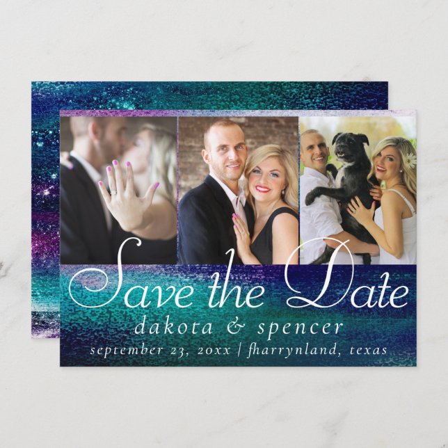 Glitzy Foil | Holographic Iridescent Ombre 3 Photo Save The Date (Front/Back)