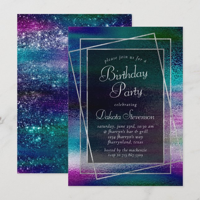 Glitzy Foil | Holographic Metallic Birthday Party Invitation (Front/Back)