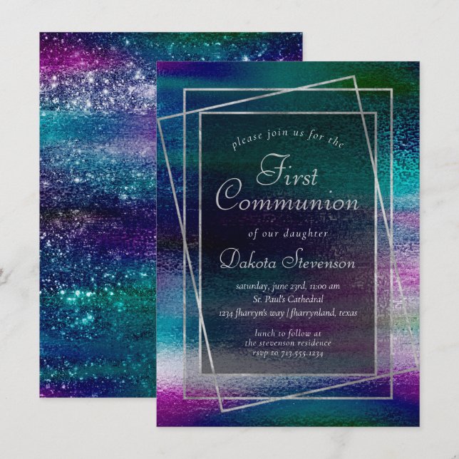 Glitzy Foil | Holographic Ombre First Communion Invitation (Front/Back)