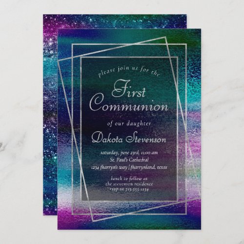 Glitzy Foil  Holographic Ombre First Communion Invitation