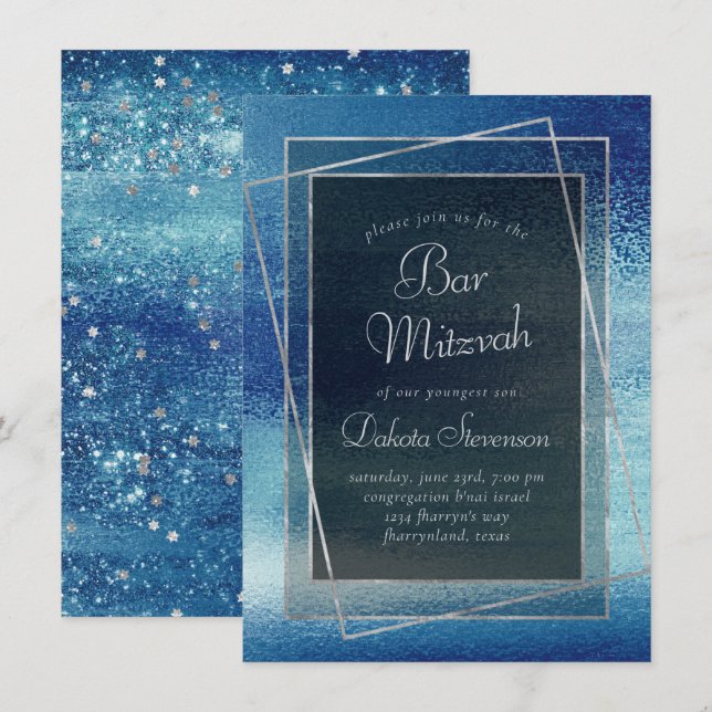 Glitzy Foil | Ice Blue Faux Iridescent Bat Mitzvah Invitation (Front/Back)