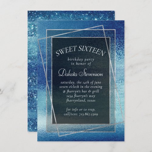 Glitzy Foil  Ice Blue Faux Iridescent Sweet 16 Invitation