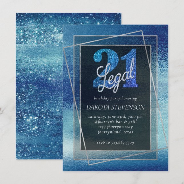 Glitzy Foil | Ice Blue Iridescent 21 and Legal Invitation (Front/Back)