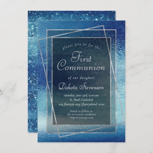 Glitzy Foil  Ice Blue Iridescent First Communion Invitation