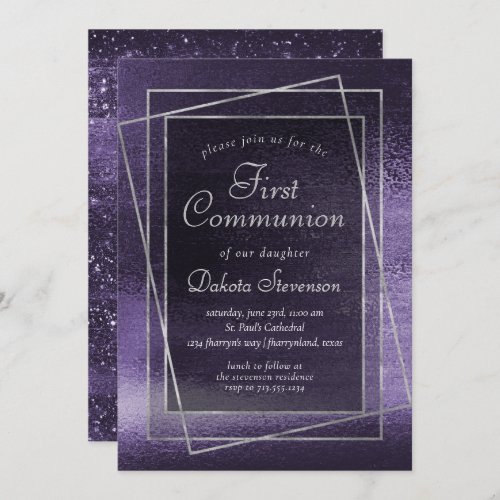 Glitzy Foil  Indigo Midnight Purple 1st Communion Invitation