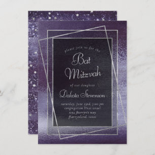 Glitzy Foil Indigo Midnight Purple Bat Mitzvah Invitation