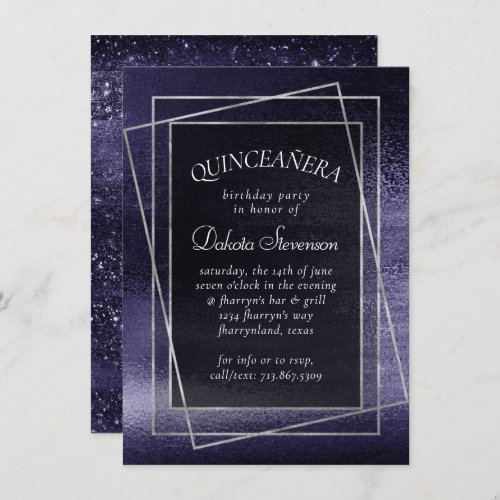 Glitzy Foil  Indigo Midnight Purple Quinceanera Invitation