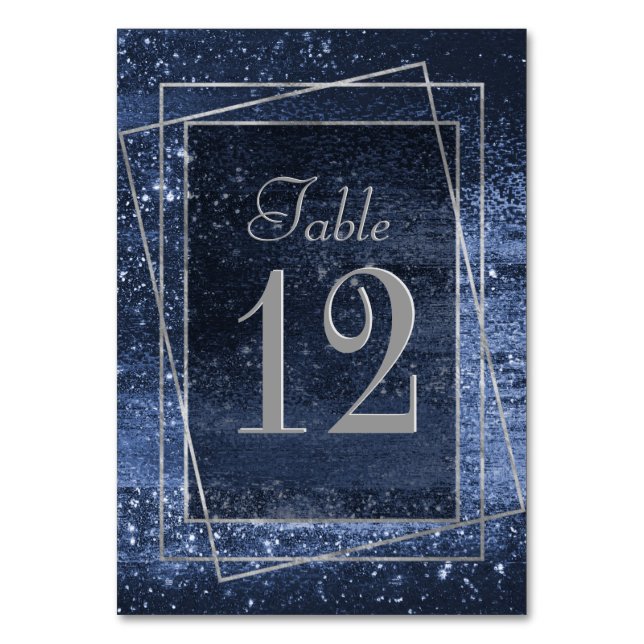 Glitzy Foil | Navy Blue Dark Faux Glitter Sparkle Table Number (Front)