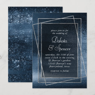 Glitzy Foil   Navy Blue Faux Glam Metallic Wedding Invitation