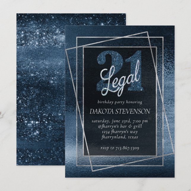 Glitzy Foil | Navy Blue Faux Glitter 21 and Legal Invitation (Front/Back)