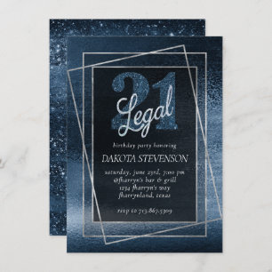 Glitzy Foil Navy Blue Faux Glitter 21 and Legal Invitation
