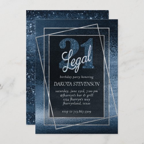 Glitzy Foil  Navy Blue Faux Glitter 21 and Legal Invitation