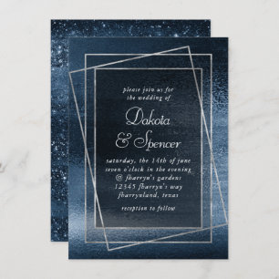 Glitzy Foil Navy Blue Faux Shimmer Wedding Invitation