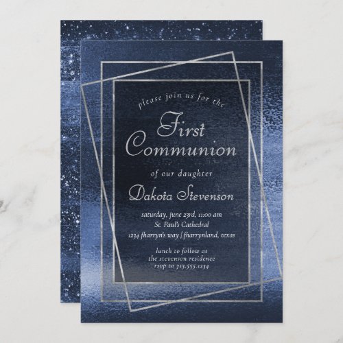 Glitzy Foil  Navy Blue Glitter First Communion Invitation