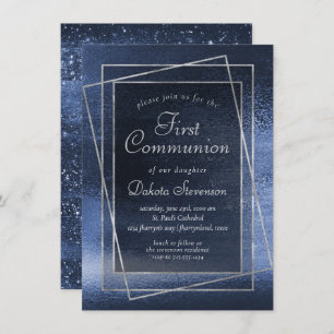 Glitzy Foil   Navy Blue Glitter First Communion Invitation