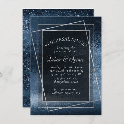 Glitzy Foil  Navy Blue Glitter Rehearsal Dinner Invitation