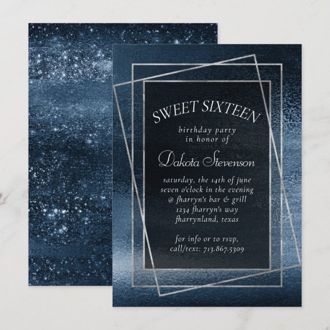 Glitzy Foil | Navy Blue Glitter Sparkle Sweet 16 Invitation (Front/Back)