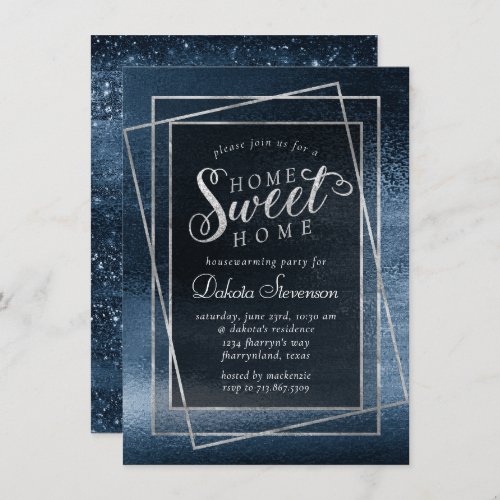 Glitzy Foil  Navy Blue Sparkle Home Sweet Home Invitation