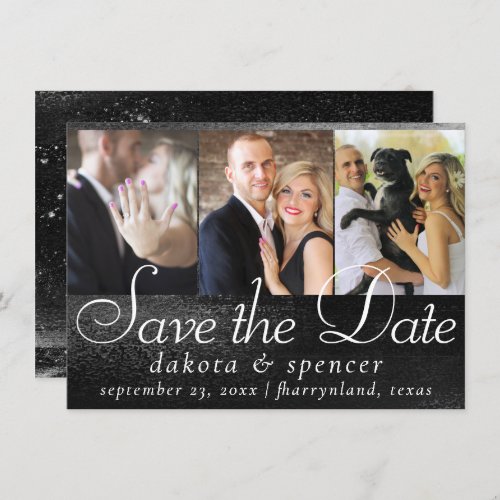 Glitzy Foil  Onyx Black Dark Faux Shimmer 3 Photo Save The Date