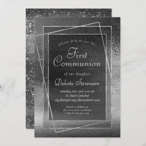 Glitzy Foil  Platinum Silver Shine 1st Communion Invitation