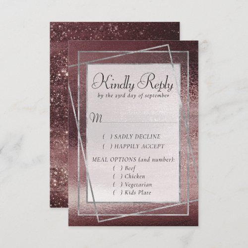 Glitzy Foil  Rose Gold Blush Glam Meal Option RSVP Card