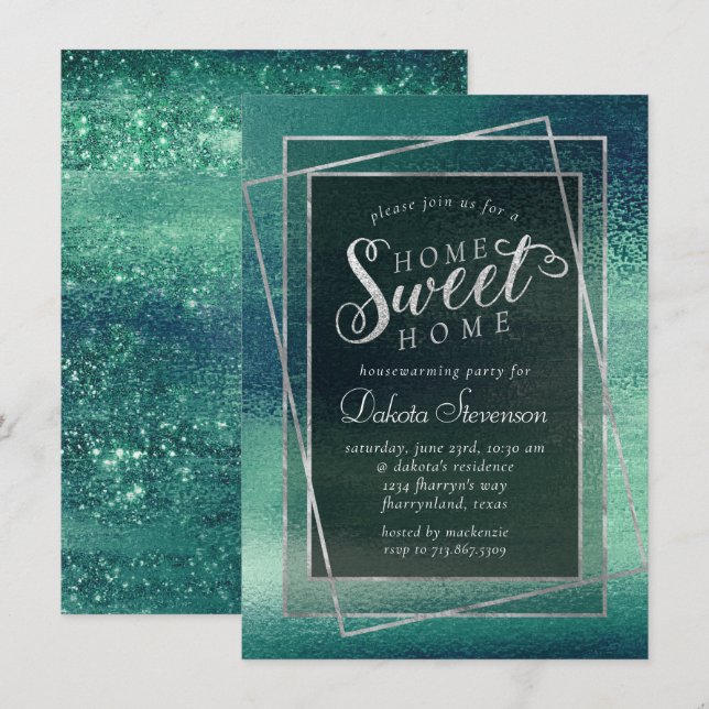 Glitzy Foil | Seafoam Green Aqua Housewarming Invitation (Front/Back)