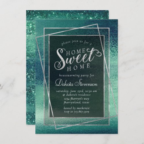 Glitzy Foil  Seafoam Green Aqua Housewarming Invitation