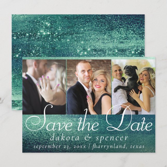 Glitzy Foil | Seafoam Green Aqua Sparkle 3 Photo Save The Date (Front/Back)