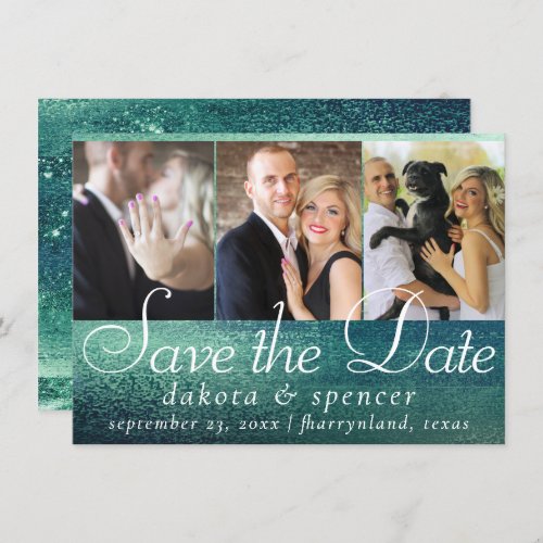 Glitzy Foil  Seafoam Green Aqua Sparkle 3 Photo Save The Date