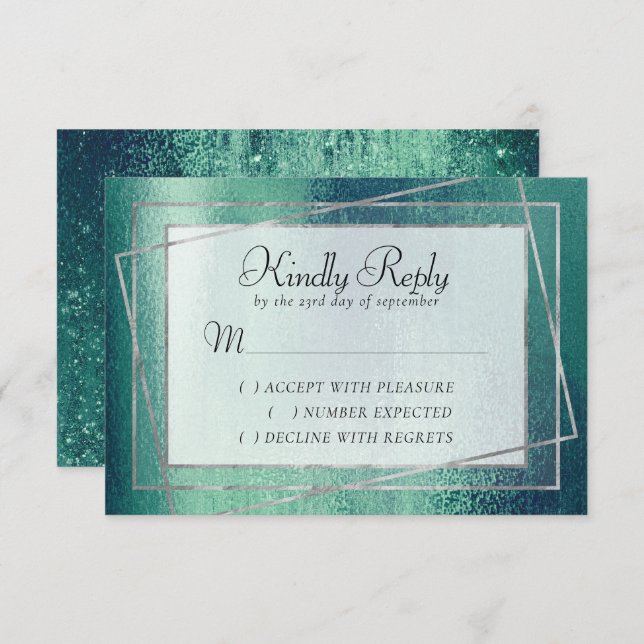Glitzy Foil | Seafoam Green Faux Metallic Sparkle RSVP Card (Front/Back)