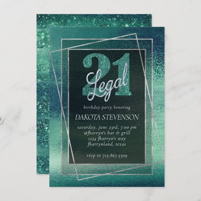 Glitzy Foil | Seafoam Iridescent 21 and Legal Invitation (Front/Back)