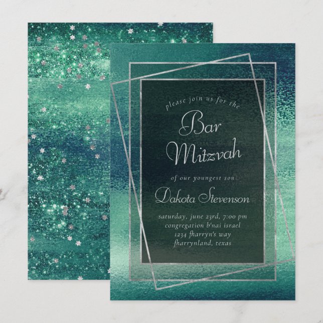 Glitzy Foil | Seafoam Iridescent Green Bar Mitzvah Invitation (Front/Back)