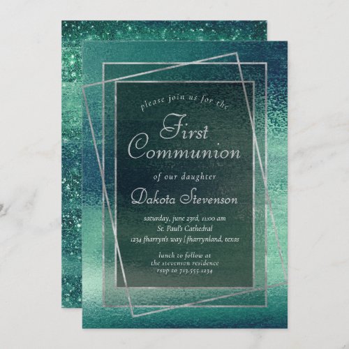 Glitzy Foil  Seafoam Iridescent Green Communion Invitation