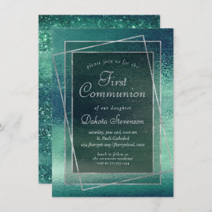 Glitzy Foil Seafoam Iridescent Green Communion Invitation