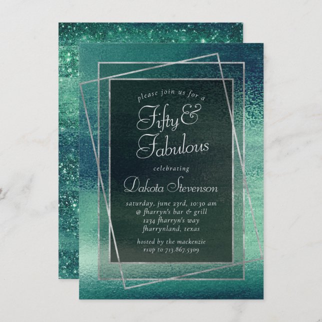 Glitzy Foil | Seafoam Iridescent Green Fabulous 50 Invitation (Front/Back)