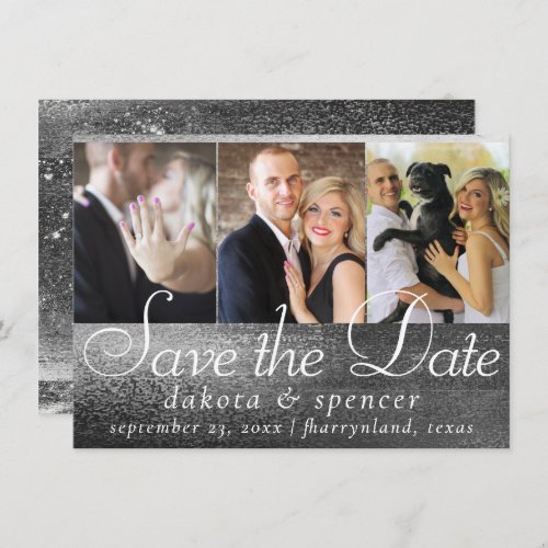 Glitzy Foil  Silver Platinum Faux Chrome 3 Photo Save The Date