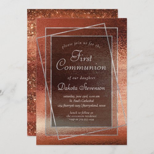 Glitzy Foil  Terra Cotta Orange First Communion Invitation