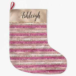 Glitzy Glam Girly Blush Pink Gold Glitter Stripes Large Christmas Stocking