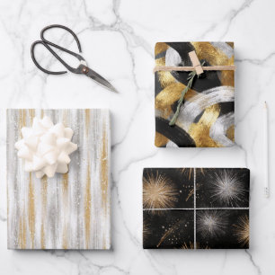 Glitzy Glam Gold Black Silver Christmas   Wrapping Paper Sheets